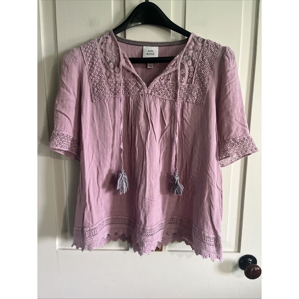 Knox Rose Crinkle Gauze Top Size Small Purple Lilac Lace Tassels Boho Hippie - Picture 2 of 12